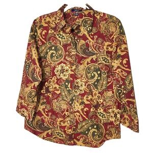 Chaps Womens Floral Burgundy/Green/Tan Button Up Cotton Shirt Size Lg Preppy